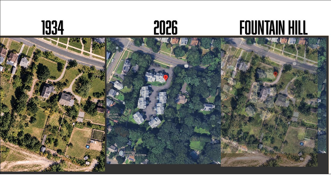 Fountain Hill aerial comparison with panels labeled 1934 and 2026 and a blended historic and modern overlay