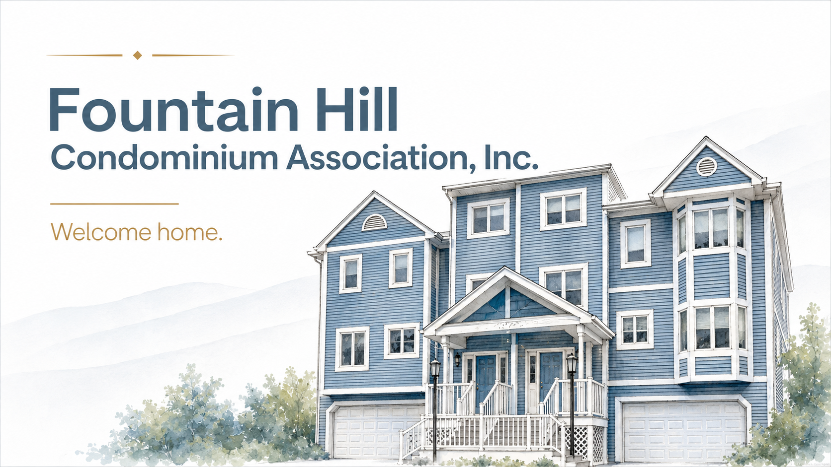Illustrated Fountain Hill welcome card with contemporary condominium rooflines